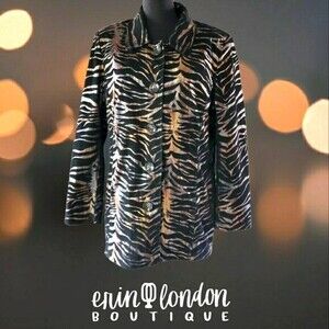 Erin London Zebra Print Metallic Button Front Jacket Womens Black Gold Large L